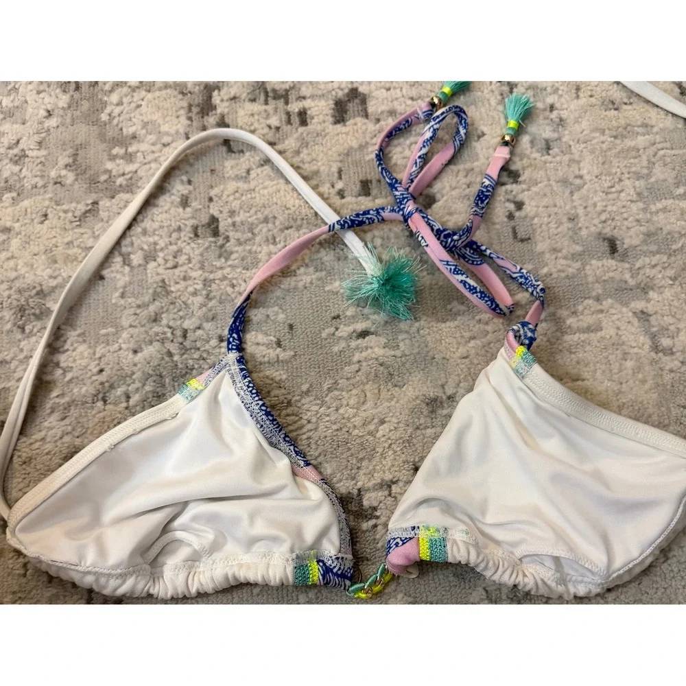 Victoria secret White Printed Triangle Bikini Top Tassels Shell Charm Womens L
